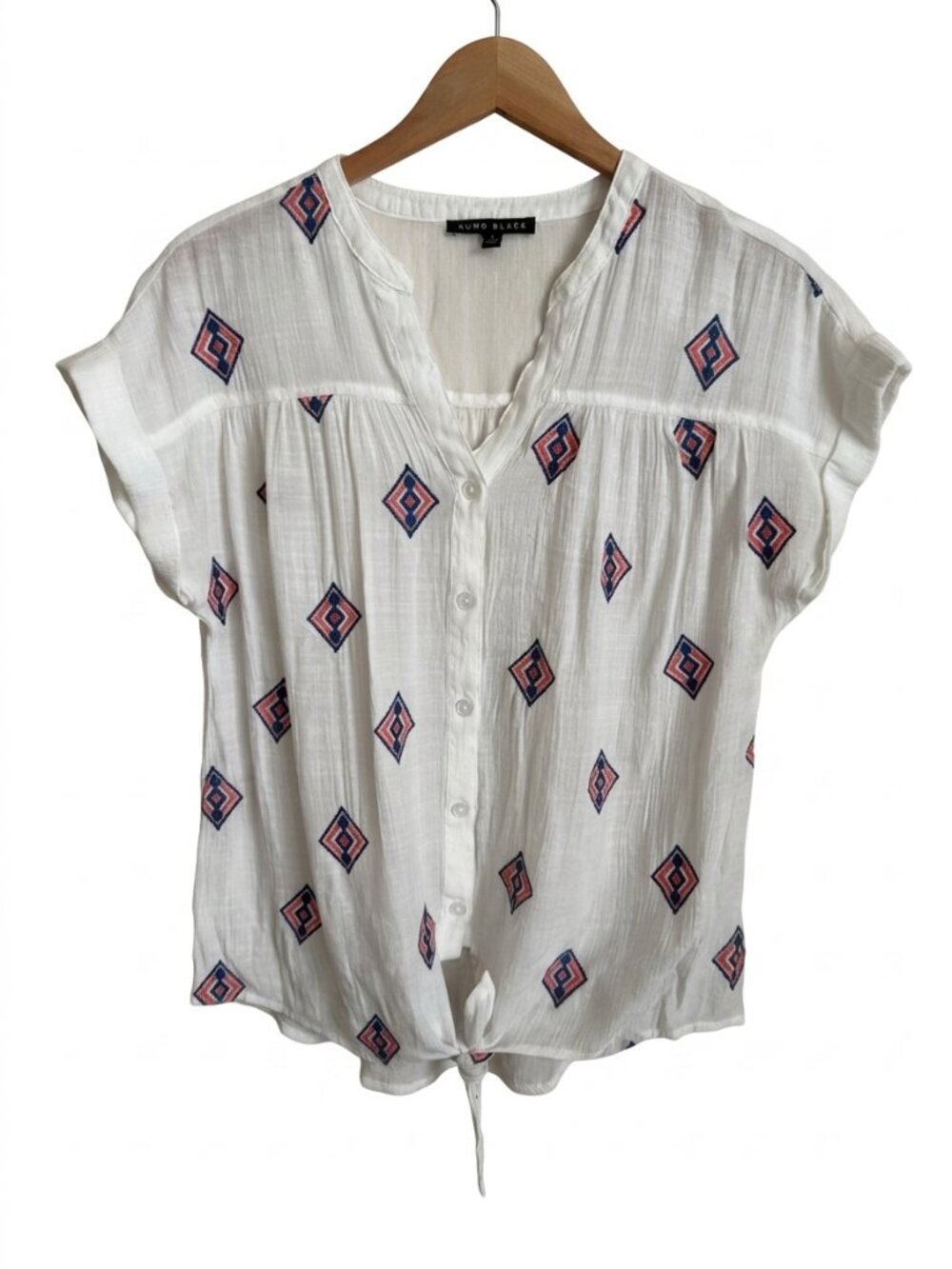 Tie Front Geometric Embroidered Blouse Como Black L White Short Sleeve Boho